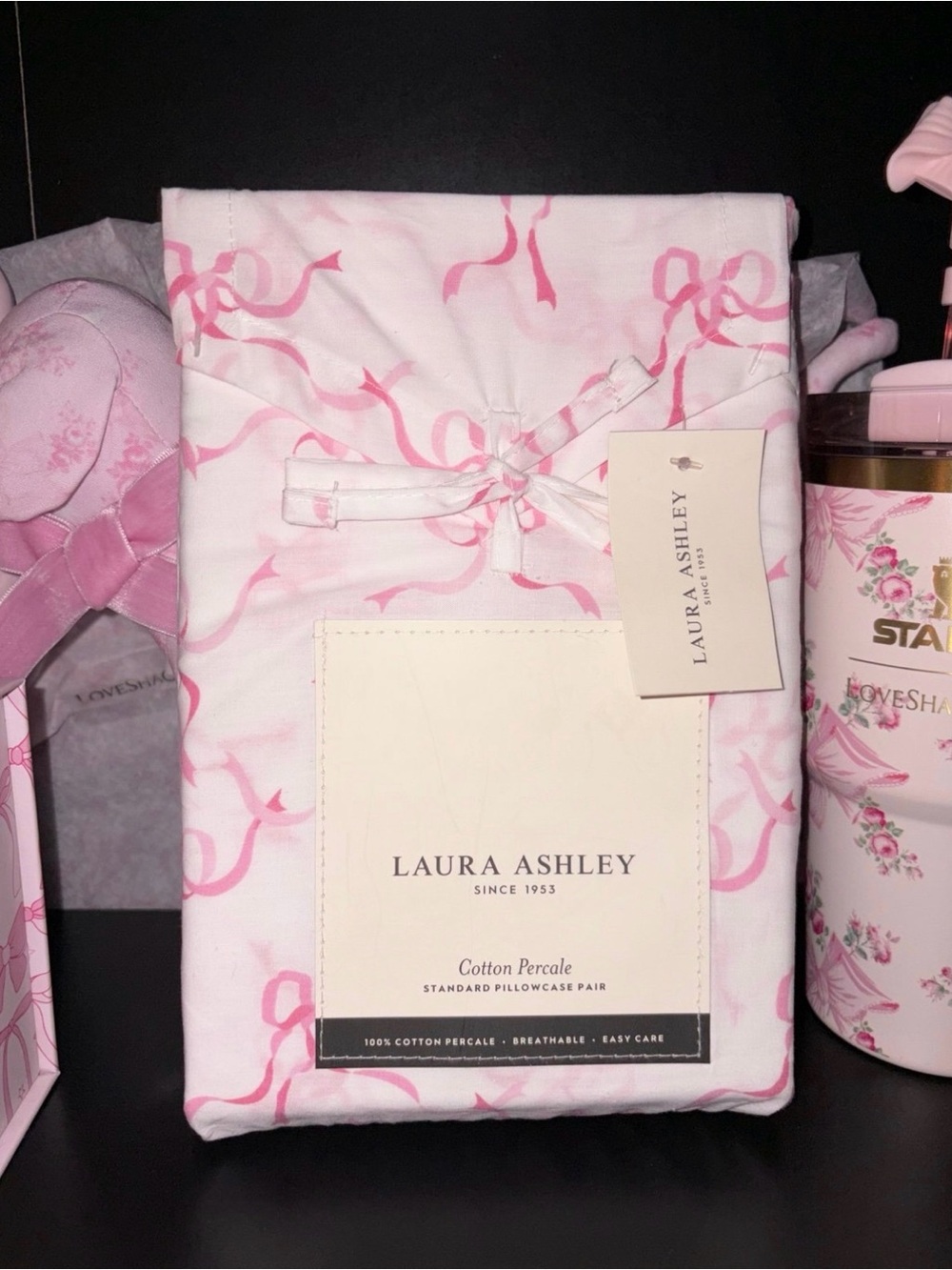 Laura Ashley pink bow standard pillows cases set
